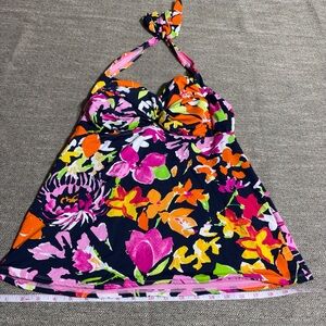 Anne Cole Navy Swim top with Orange Floral Print and Pink Accents